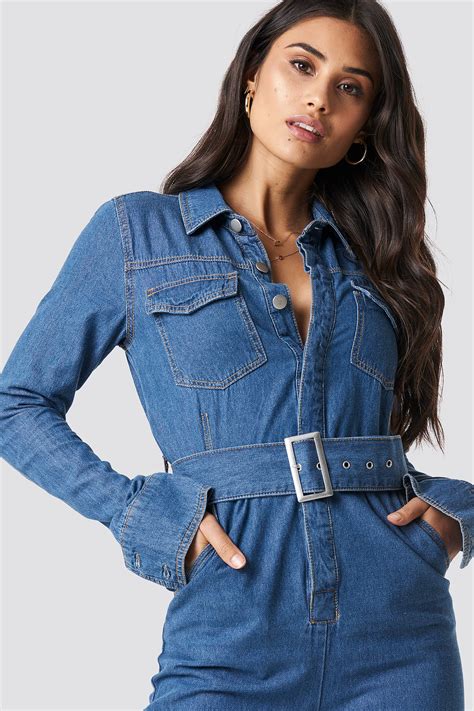 prada jean belted|Belted denim jumpsuit in blue .